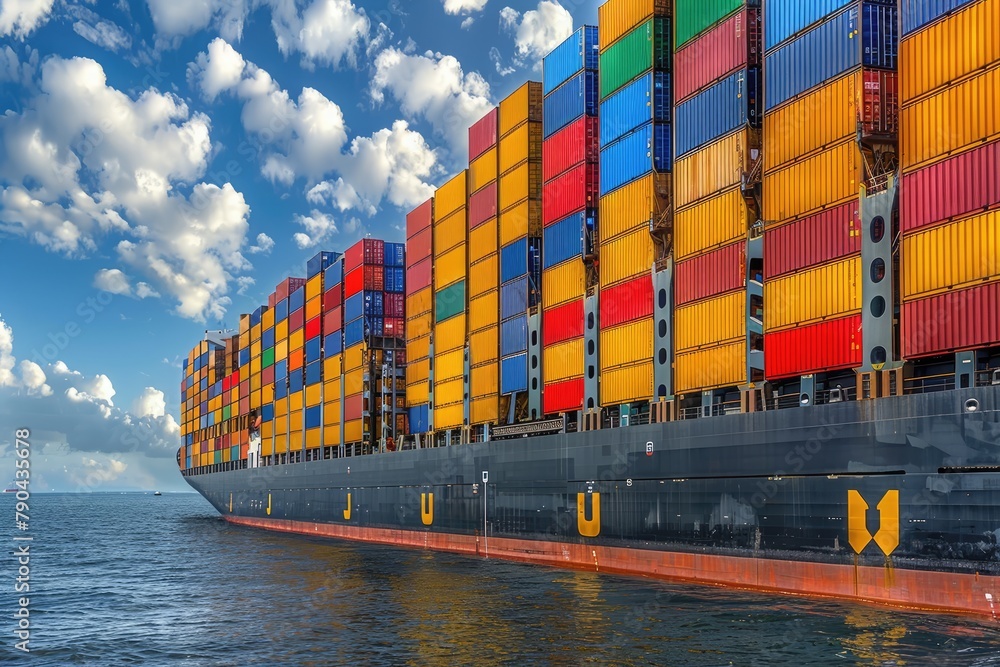 Poster a large cargo ship is sailing in the ocean with many containers on it. the ship is mostly black with
