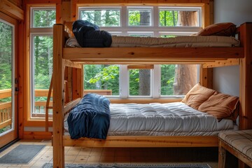 A wooden bunk bed with a blue blanket and a white comforter. The bed is in a room with a view of trees