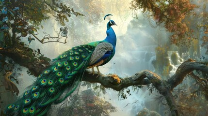 The solitary peacock perched majestically on a branch