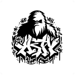 yeti; bigfoot silhouette, horror character in graffiti tag, hip hop, street art typography illustration.