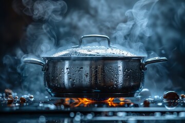 A stainless steel cooking pot steams over a gas stove with blue flames under it, suggesting meal preparation