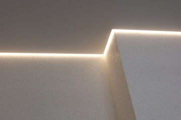 Diode lighting in the corners of the ceiling in an apartment with a stretch ceiling. Modern design....