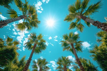 A stunning visual of the sun's rays piercing through the tall, majestic palm trees against a vivid blue sky