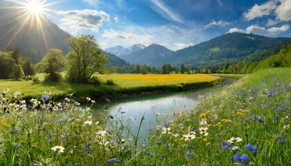 A sun-kissed meadow with wildflowers, bordered by a lazy river reflecting the azure sky, framed by distant mountains.