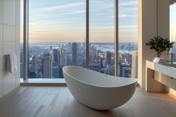 High-rise bathroom with panoramic city view