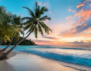 Vibrant palm trees sway against a backdrop of cerulean waves crashing onto a sandy beach under the golden glow of sunset.