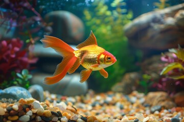 Goldfish harmony. Swimming freely amidst rocks and flora