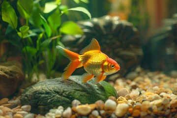 Goldfish tranquility. Drifting among rocks and aquatic plants