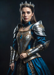 AI generated beautiful Caucasian princess with a blue dress and a silver armor