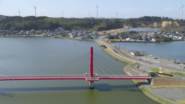 アイリスブリッジ 福井県の観光名所ドローン 空撮 あわら市 北潟湖 湖 湖畔 公園