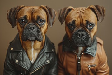 Fototapeta premium Sensational portrayal of dogs in vogue, donning winter apparels that characterize their individuality