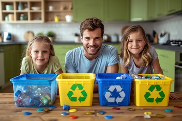 Family engaged in recycle sorting at home