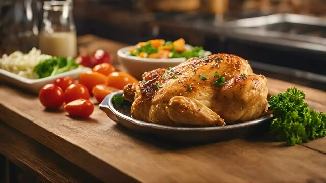 roasted chicken served with a mouthwatering gravy, Closeup of a pan filled with sizzling organic chicken, chicken broast, made with Ai generative technology, stock video, food stock videos, 4k video	