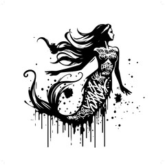 mermaid silhouette, people in graffiti tag, hip hop, street art typography illustration.