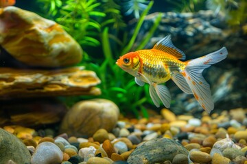 Naklejka premium Goldfish delight. Swimming among lush aquarium vegetation