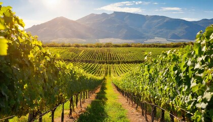A picturesque vineyard bathed in sunlight, rows of grapevines stretching into the distance, framed...