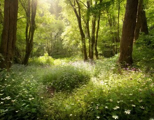 A tranquil forest clearing, sunlight filtering through the canopy to illuminate a carpet of wildflowers in various shades.