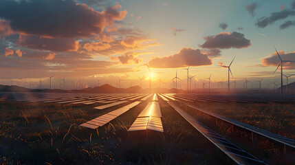 A Harmonious Depiction of Solar Panels and Wind Turbines Harnessing Renewable Energy at Sunset - obrazy, fototapety, plakaty