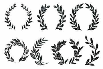 set of various laurel wreath ornaments with hand drawn style vector icon, white background, black colour icon