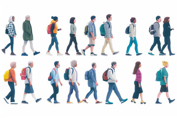 Set of walking people on an isolated background. Men and women, boys and girls, grandparents go side view 3D avatars set vector icon, white background, black colour icon