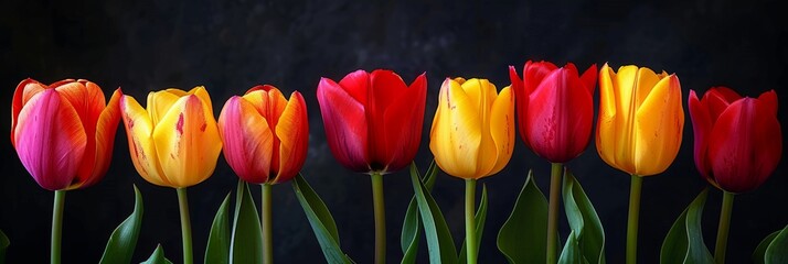 Vivid red and yellow tulip flowers in full bloom, showcasing a stunning display of colors