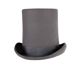 Magic hat. Topper. Elegant vintage gray beige wool felt top hat with black band on the wooden hat block. Grosgrain ribbon trim around rolled brim. Isolated on white background. Close-up. Copy space.