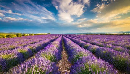 A dreamy lavender field in full bloom, its fragrant purple rows stretching towards the horizon...