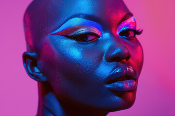 Headshot of a bald black woman with striking colorful makeup on purple studio background