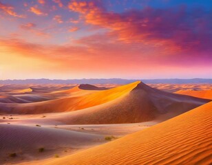 A serene desert landscape, where towering sand dunes cast ever-shifting shadows under the blazing sun, painting the sky in hues of pink and orange.