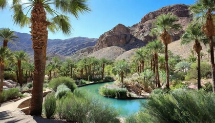 Fototapeta na wymiar A verdant oasis nestled in the midst of arid desert plains, its lush palms and shimmering pools providing refuge for weary travelers.