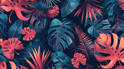 Trendy seamless tropical pattern with exotic leaves and plants jungle