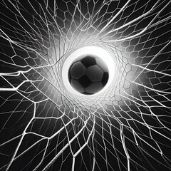 Closeup of a Leather Soccer Ball Football Hitting Breaking Flew Bends Against the Goal Net on a Black Background. Flash of Light Behind the Ball. A Moment of Delight in Championship Sport Game Stadium