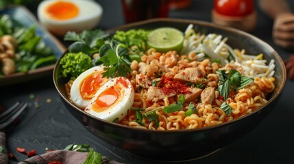 Bowl of noodles, meat, and vegetables on table