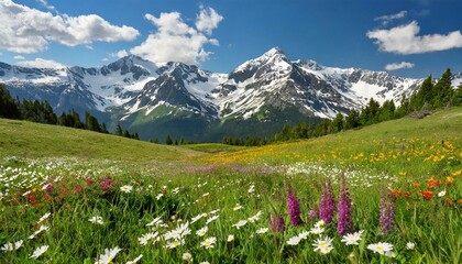 A breathtaking alpine meadow, dotted with vibrant wildflowers and framed by snow-capped peaks reaching towards a brilliant blue sky.