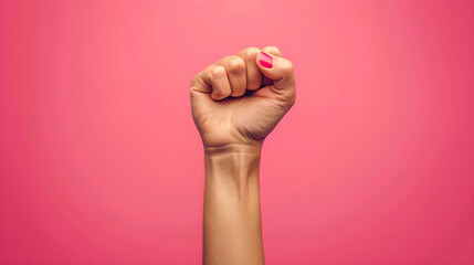 A raised fist of a woman symbolizing empowerment and strength in support of the feminist movement and international women's day. - obrazy, fototapety, plakaty