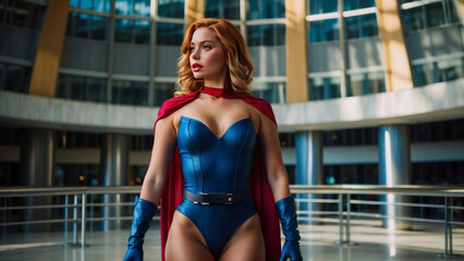 Redheaded Woman in Caped Cosplay Costume