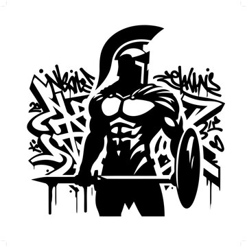 spartan silhouette, people in graffiti tag, hip hop, street art typography illustration.