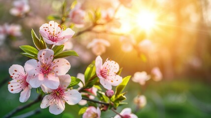 Beautiful Spring Background With Blooming Tree Flowers On a Sunny Day - obrazy, fototapety, plakaty