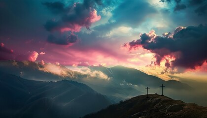 The Christian themed on a background with dramatic at dawn, with a beautiful sea of ​​clouds, dark clouds and sky and sunbeams
