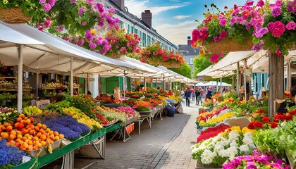 A vibrant market square alive with the hustle and bustle of vendors selling fresh fruits, colorful flowers, and handmade crafts under striped awnings. - obrazy, fototapety, plakaty