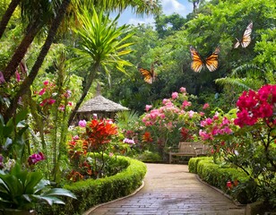 A tranquil botanical garden bursting with colors, where exotic blooms perfume the air and butterflies dance among lush foliage. - Powered by Adobe