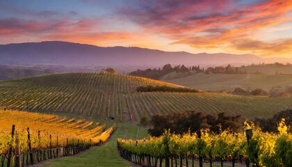 A picturesque vineyard at sunset, with rows of grapevines casting long shadows across the rolling hills as the sky is painted in hues of orange and purple.