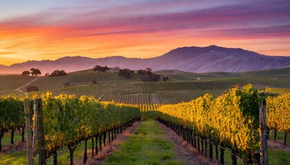A picturesque vineyard at sunset, with rows of grapevines casting long shadows across the rolling...