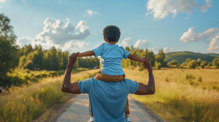 Fototapeta premium Father Carrying His Son on His Shoulders Through an Open Field