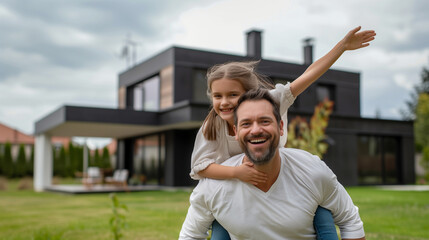 Father giving Piggyback Ride to his Daughter in the Front Yard on a Cloudy Day