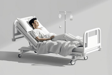 Sick man lies in bed in a ward in a hospital. Hospitalization of the patient 3D avatars set vector icon, white background, black colour icon - obrazy, fototapety, plakaty
