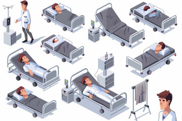Sick man lies in bed in a ward in a hospital. Hospitalization of the patient 3D avatars set vector icon, white background, black colour icon