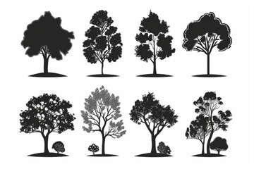 silhouette tree line drawing set, Side view, set of graphics trees elements outline symbol for architecture and landscape design drawing. Vector illustration in stroke fill in white vector icon, white