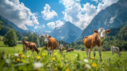 Tranquil scene of cattle serenely grazing on the lush and verdant meadows of austria - obrazy, fototapety, plakaty