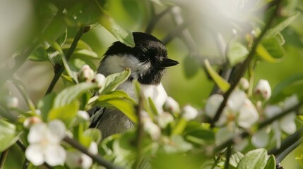 Bird perched among tree blooms